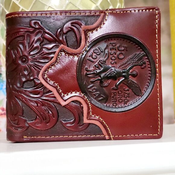 Western Wallet Mexican Embossed Leather Floral Cutout Layered Bifold - Picture 2 of 8
